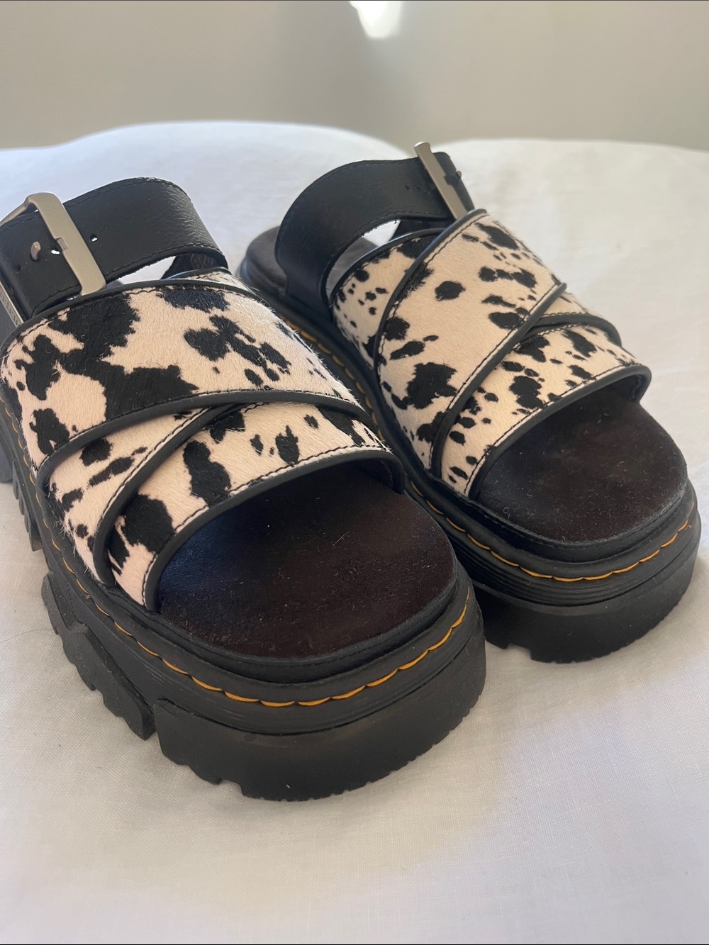 Dr. Martens Cow-Print Platform Slide Sandals - Black & Cream